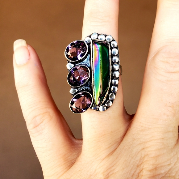 New Rainbow Hematite and Amethyst 925 Silver Ring. - Picture 11 of 16